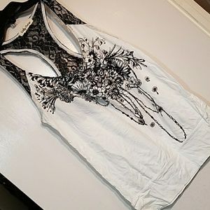 Graphic white black floral razor back loose tank